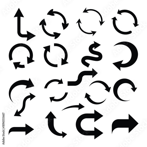 Collection of various black curved and straight arrows on white background