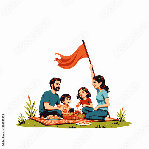 Cheerful Family Enjoying a Picnic Outdoors with a Vibrant Flag, Sitting on a Plaid Blanket, and Sharing Fresh Fruits in a Sunny Park Setting with Smiling Faces