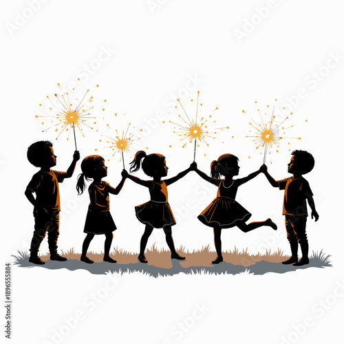 Children joyfully holding glowing sparklers in an outdoor setting, creating a vibrant and festive silhouette against a plain background, symbolizing joy and unity.