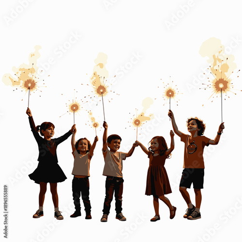 Joyful group of children celebrating together with sparklers in a vibrant display of light and happiness against a plain background, embodying carefree childhood fun