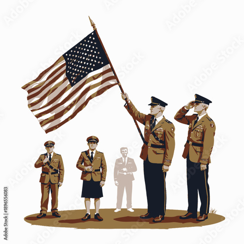 Illustration of Military Officers Saluting American Flag with Patriotic Symbolism and Junior Members