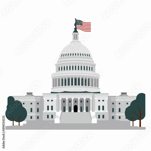 Iconic architectural illustration of a governmental building with detailed dome structure and waving flag, symbolizing political and historical significance