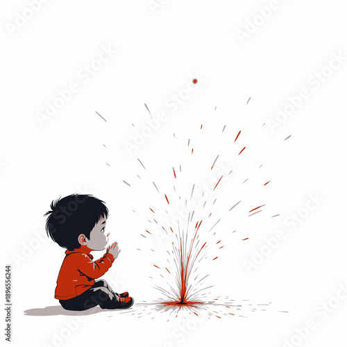 Curious Child Enthralled by Magnificent Display of Sparking Fireworks in a Joyful Moment of Wonder and Innocence Against a Bright White Background