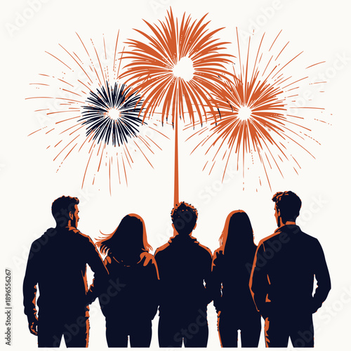 A Group of Five People Stands Together in Awe Watching a Vibrant Display of Multicolored Fireworks Against a Clear Night Sky Celebrating a Special Moment