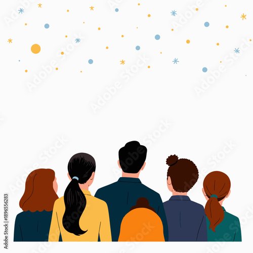 A Group of Diverse People Gaze at a Starry Night Sky with Planets and Stars, Emphasizing Unity, Curiosity, and the Wonders of the Universe in a Minimalist Illustration