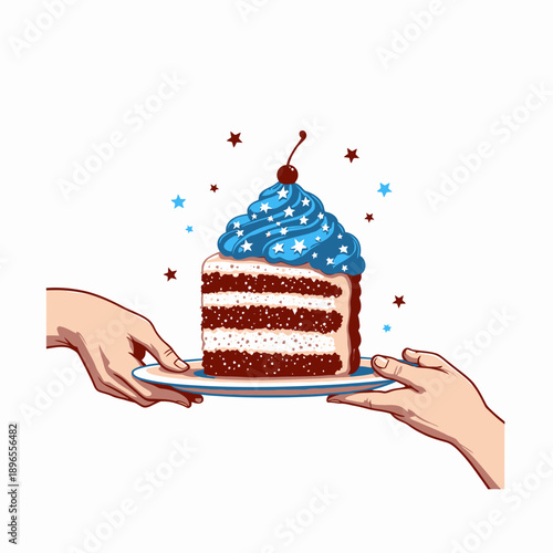 Illustration of a Red Velvet Cake Slice with Blue Frosting and Stars, Being Handed Over on a Plate, Featuring Patriotic Theme Elements