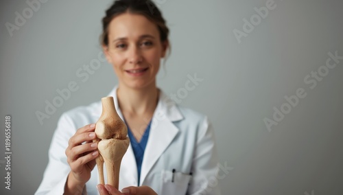 Knee arthritis, physician displaying orthopedic knee joint model