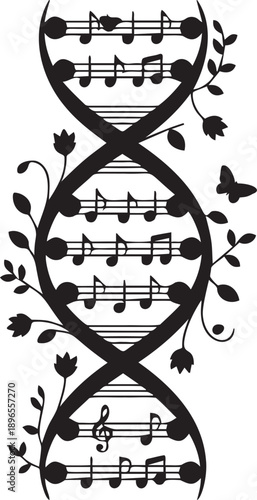 Musical dna helix with notes and flowers, genetic melody concept