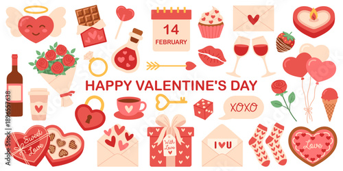 Valentine's Day illustration set with hearts, gifts, flowers, sweets, letters, wine, candles, romantic symbols. For holiday design, card, invitations, prints, stickers, festive branding. Hand drawn.