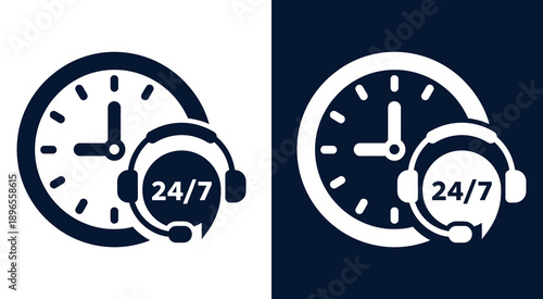 Customer Support 24/7 Service Icons with Clock and Headset Symbols