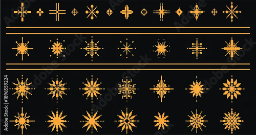 Pixel art stars. Comic 8-bit game space light. Retro decorative night pixelated sparkling elements. Yellow and gold star and glitter for mobile games. eps