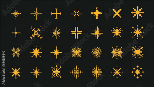 Pixel art stars. Comic 8-bit game space light. Retro decorative night pixelated sparkling elements. Yellow and gold star and glitter for mobile games. eps