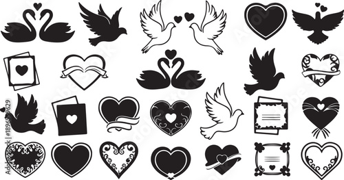 Valentine day romantic icons collection featuring silhouettes of elegant swans flying doves and heart shapes
