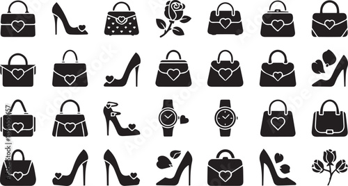 Fashion accessories for women featuring luxury leather handbags high heel shoes roses and stylish wristwatches