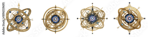 Foto Set and collection of intricate golden astrolabes and vintage armillary spheres