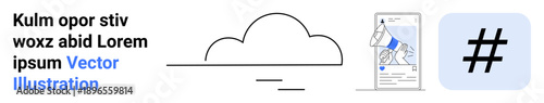 Cloud icon, mobile device with megaphone graphic on a post, large metadata tag symbol. Ideal for social media marketing, branding, communication, technology, campaigns, creativity simple landing