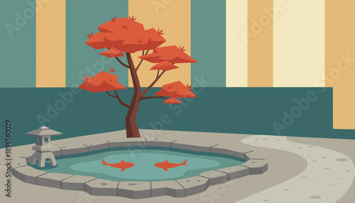 Japanese garden with koi pond and maple tree.