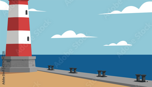 Lighthouse on a pier overlooking the ocean.