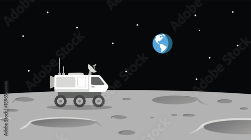 Lunar Rover Exploring the Moon Surface with Earth in the Background.