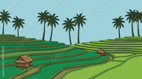 Lush Green Rice Terraces with Palm Trees and Small Huts.