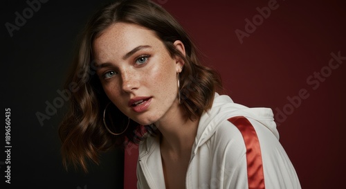 Close-up of a young woman with short brown hair, light skin, and freckles, looking directly at the camera