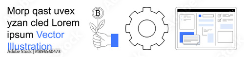 Business strategy, growth, technology, innovation, workflow, user interface design. a plant with a coin, a gear symbol and a digital interface layout. Business growth and technology