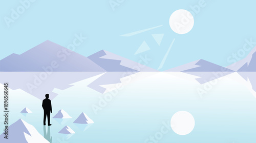 Man Standing on Frozen Lake Reflecting Sun and Mountains.