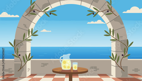 Mediterranean Archway Overlooking the Sea with Lemonade.