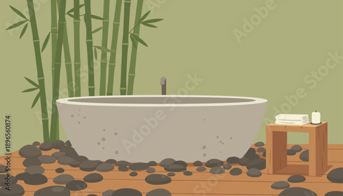 Minimalist Japanese Bathroom with Soaking Tub and Bamboo.