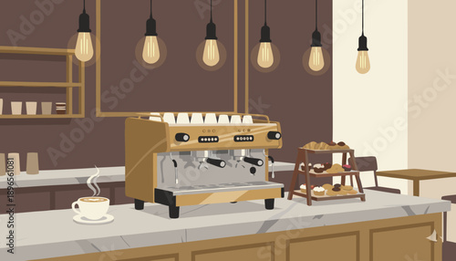 Modern Coffee Shop Interior with Espresso Machine and Steaming Cup.