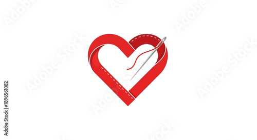 Red Heart Stitched with Needle and Thread on Isolated White Background