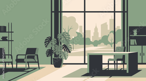 Modern Office Interior with Large Window and City View.