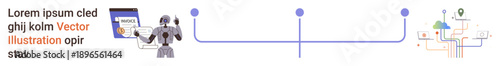 Artificial intelligence, future tech, automation, machine learning, digital navigation, network pathways. Robot interacting with systems, digital connections and pathways. AI and future tech-themed