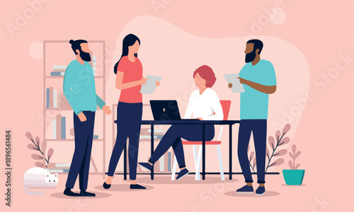 People working in office - Team of four people, men and women doing work and talking at work. Flat design vector illustration.