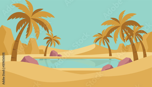 Oasis in the Desert with Palm Trees and Water.