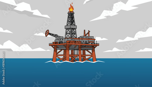 Offshore oil rig platform in the ocean with clouds.
