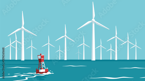 Offshore wind farm with buoys in the ocean.