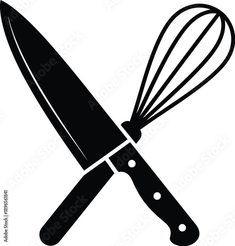 Chef knife and a wire whisk kitchen utensil. 