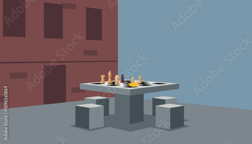Outdoor chess game on a modern concrete table with stools.