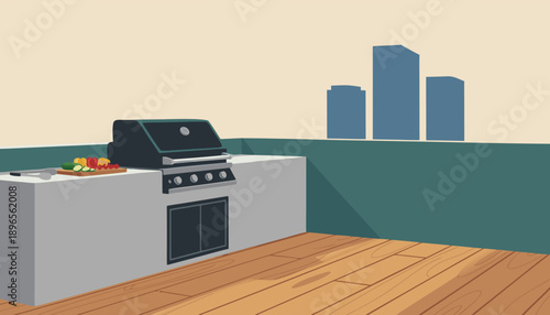 Outdoor kitchen with grill and city skyline view.