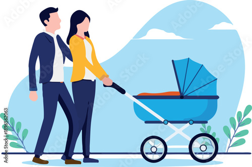 Parents with baby pram - Man and woman walking with little boy stroller outdoors. Flat design vector illustration with white background.