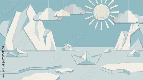 Papercraft Arctic Landscape with Icebergs and Paper Boat.