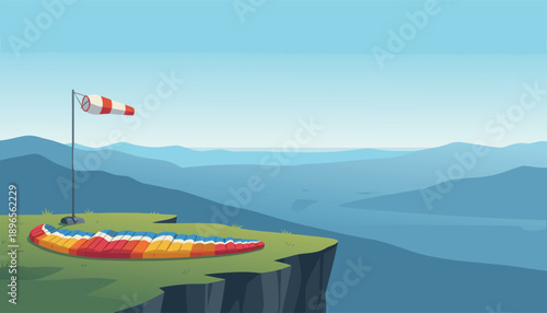 Paragliding launch site with windsock and scenic mountain view.