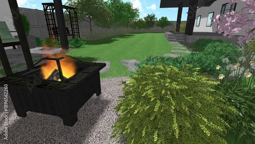 3d image of the landscape design of the home territory. Landscaping of the territory. Computer visualization of composite landscaping and landscaping solutions.