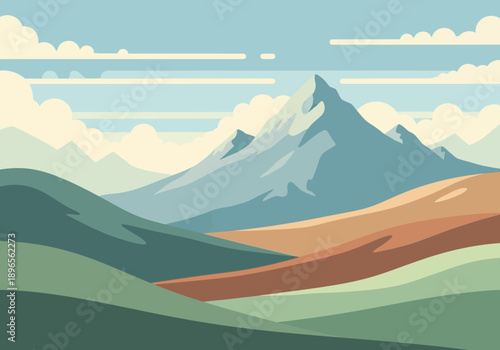 Mountain Landscape with Snowy Peak Illustration.