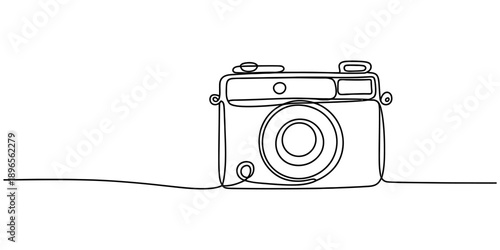 Continuous line art drawing of a vintage camera for photography and creative designs