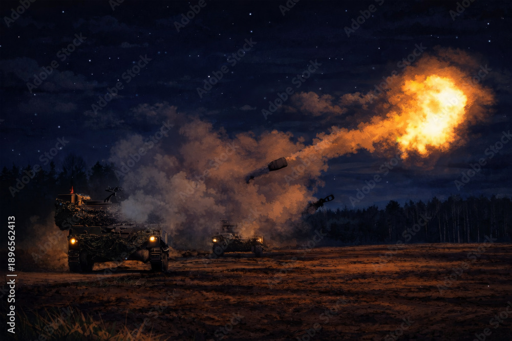 Fototapeta premium Artillery fire at night.