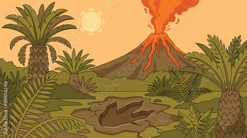 Prehistoric landscape with a volcano erupting and palm trees.