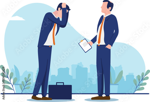  Negative performance review - Man receiving bad news from his boss, feeling bad and sad. Vector illustration with white background.