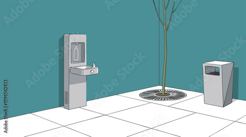 Public drinking fountain and trash can in an outdoor setting.